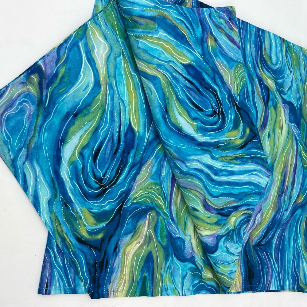 Handcrafted swirl/marbled blue & green fabric table runner